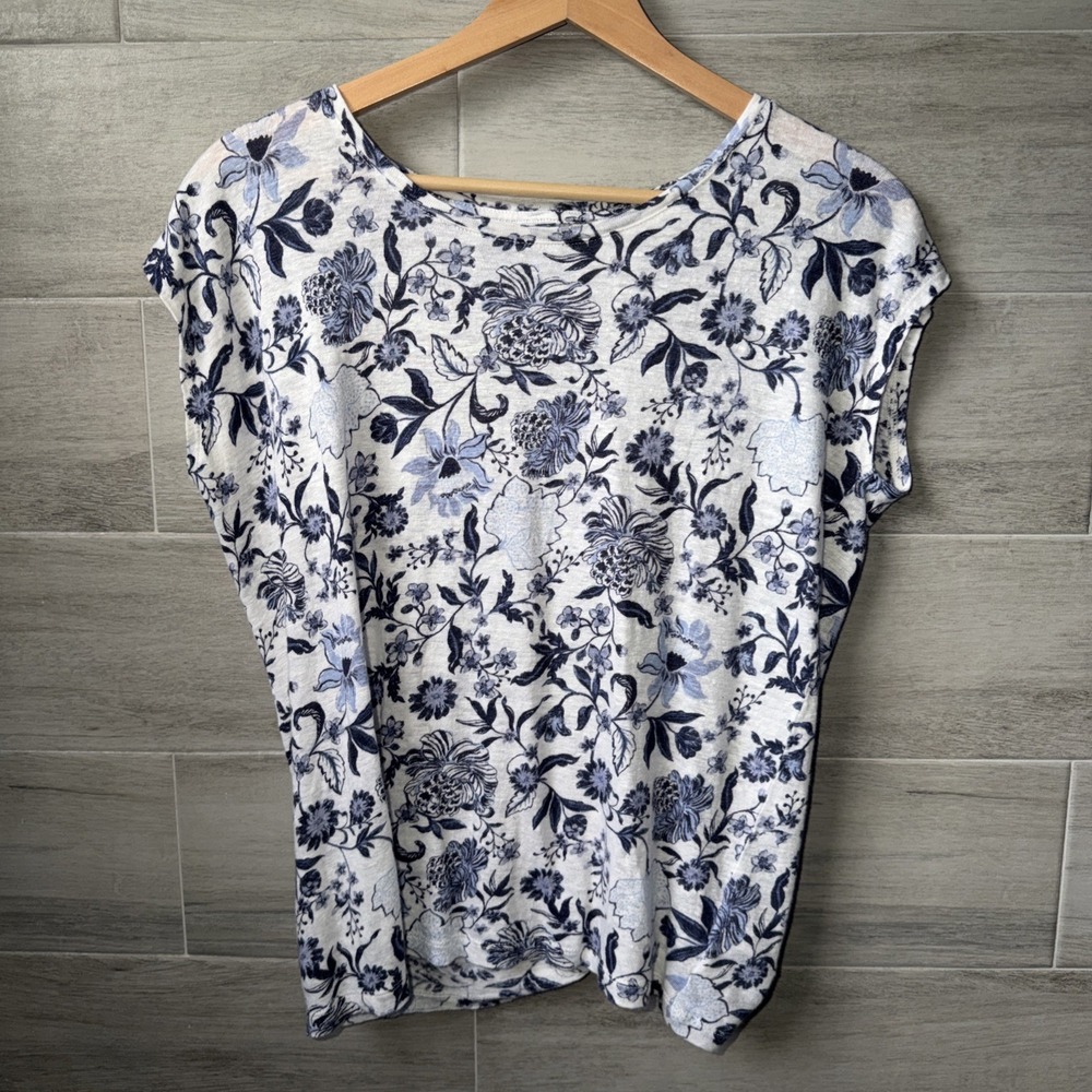 Rachel Zoe Linen Short Sleeve Blue White Floral Top Women's SM Tie Button Back